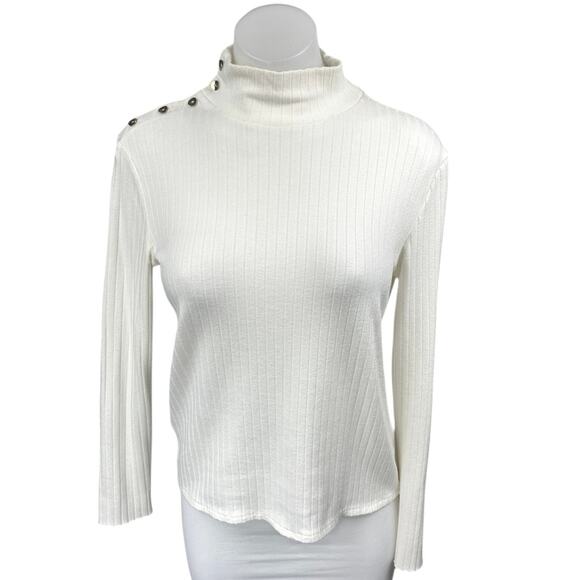 Mango MNG White Ribbed Knit Long Sleeve Button Turtleneck Sweater Top Size L - Picture 1 of 4